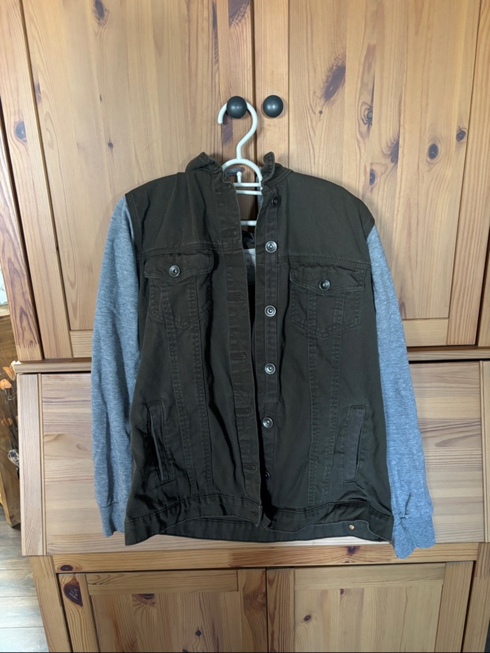 Ardene Two-Tone Varsity Jacket - Olive Body with Gray Sleeves